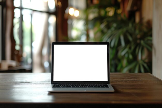 Cerca de la computadora portátil con pantalla blanca en la mesa en el fondo de la habitación vacía