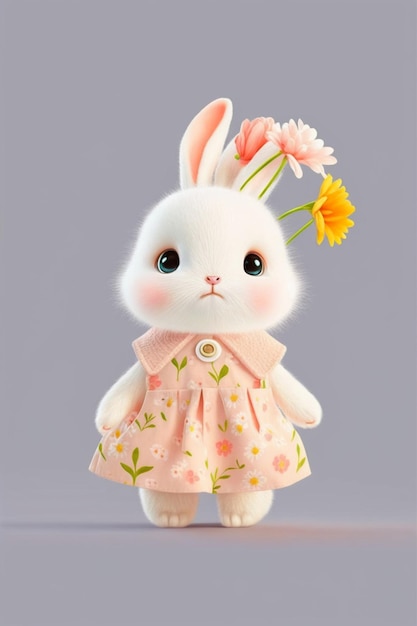 Cerca de conejo blanco con flor en vestido rosa ai generativo