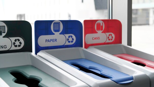 Cerca de los contenedores de basura de diferentes colores para el reciclaje de diferentes materiales concepto de medios de ecología