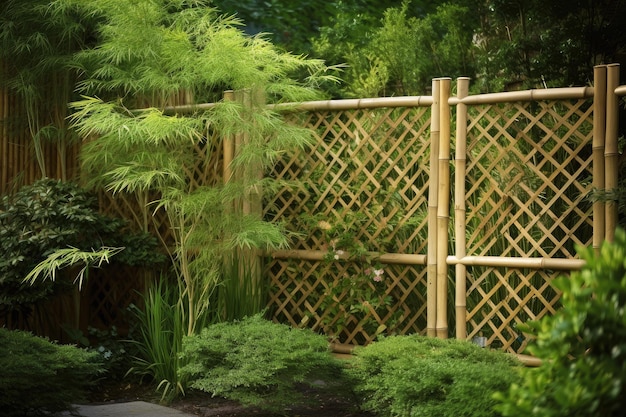 Cerca de bambu com treliça em ambiente de jardim