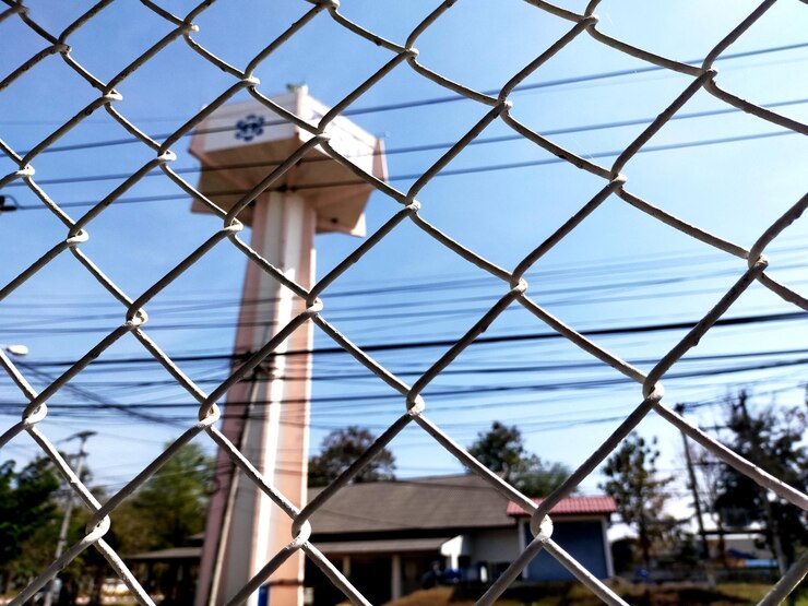 Foto cerca de ligação de cadeia por construção contra o céu