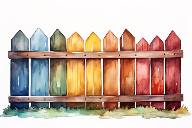 cerca de madeira multicolorida de ilustração aquarela isolada em fundo branco