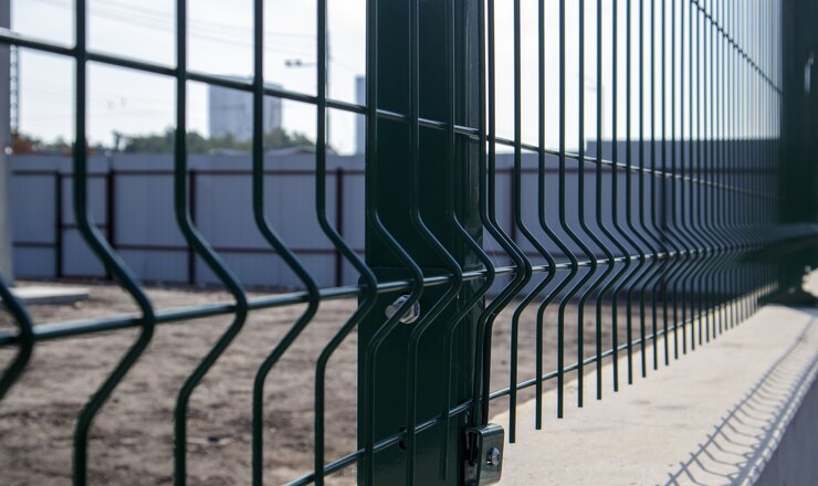 Cerca de treliça de aço verde com arame. Esgrima. Painéis para cerca de arame industrial de grade, metal em pvc. Instalação de vedação seccional. Cerca de malha soldada. Instalação de uma grade para cercar o território.