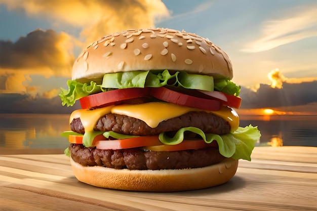 Cerca de un delicioso sándwich de hamburguesa en una tabla de madera con un cielo en el fondo