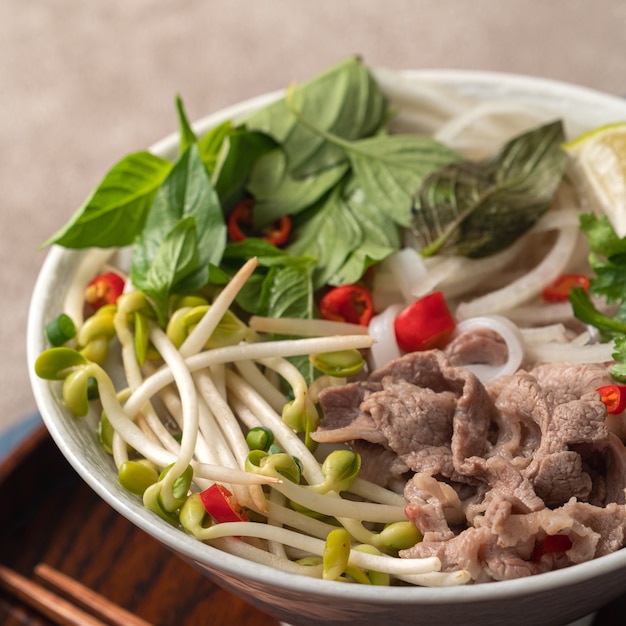 Cerca de deliciosos fideos de carne vietnamita pho en un recipiente con ingredientes con espacio de copia.