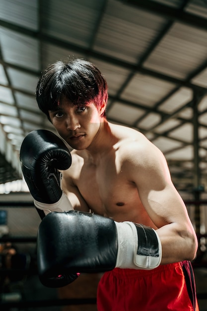 Cerca de deportista boxeador muay thai peleando con guantes en la jaula de boxeo