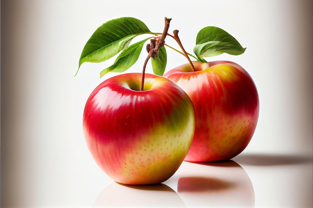 Cerca de dos manzanas con hojas verdes sobre fondo blanco.