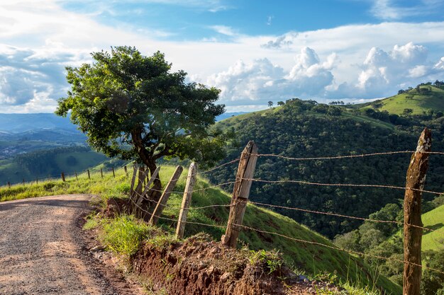 Cerca e árvore em primeiro plano com céu azul e colina ao fundo. Interior do brasil