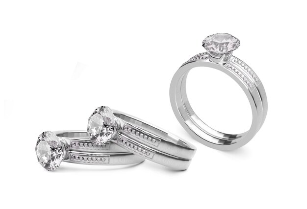Cerca de elegante anillo de diamantes sobre fondo blanco 3D Render
