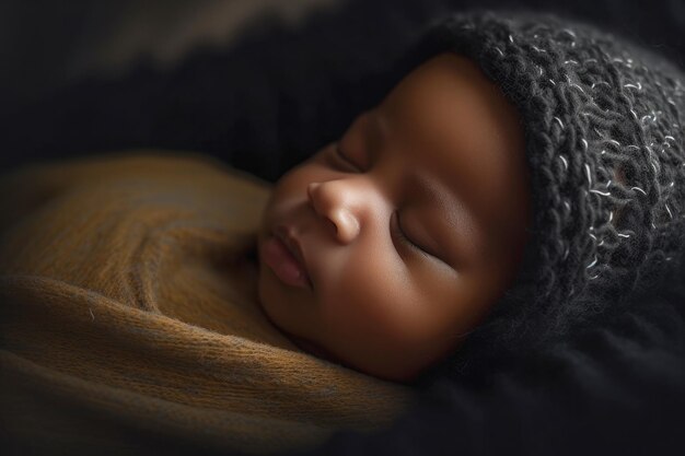 Cerca de un encantador bebé afroamericano durmiendo solo con fondo de copyspace