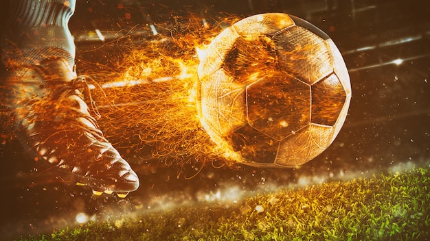 Cerca de una escena de fútbol en el partido de la noche con un zapato de fútbol pateando una pelota de fuego con poder