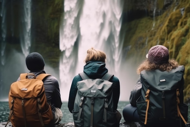 cerca de la espalda de un grupo de jóvenes turistas sentados con una mochila generada por la IA