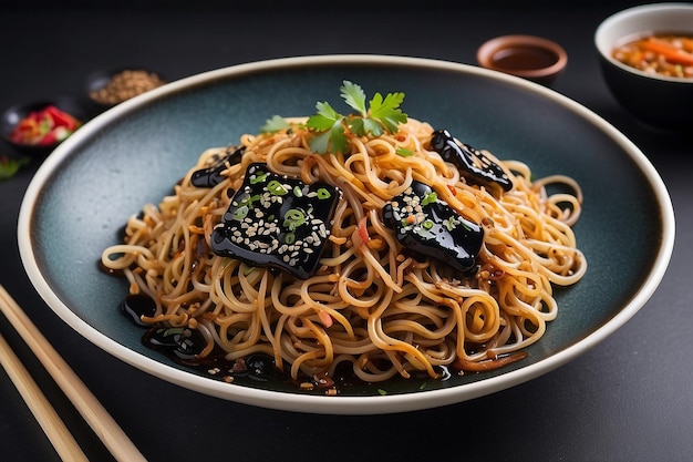 Cerca del estilo seco de fideos tailandeses con salsa negra dulce versión sin condimentos mezclados