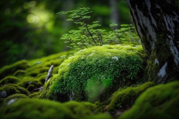 Cerca de un exuberante musgo verde con un bosque nebuloso en el fondo
