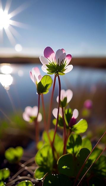 Cerca de una flor cerca de un cuerpo de agua generativa ai