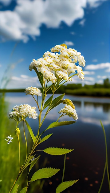 Cerca de una flor cerca de un cuerpo de agua generativa ai