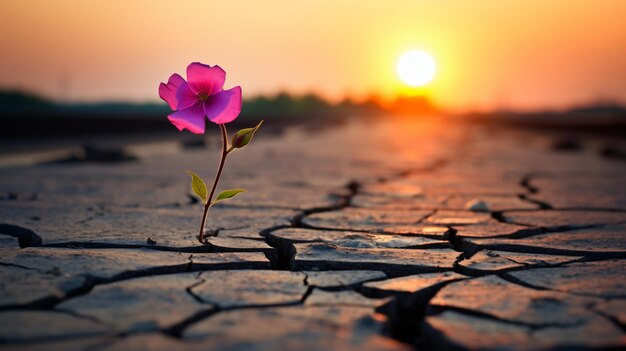 Foto cerca de la flor rosada que crece en el atardecer de la carretera de la grieta