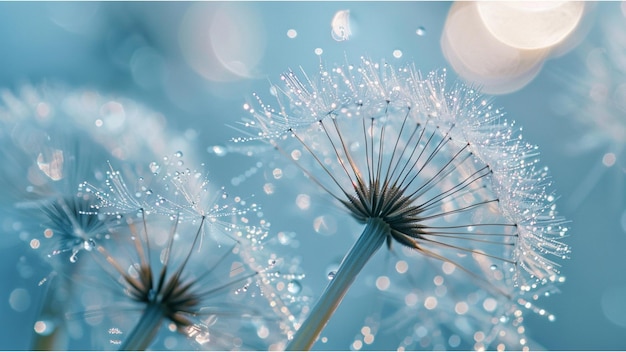 cerca de las flores de diente de león con gotas de agua