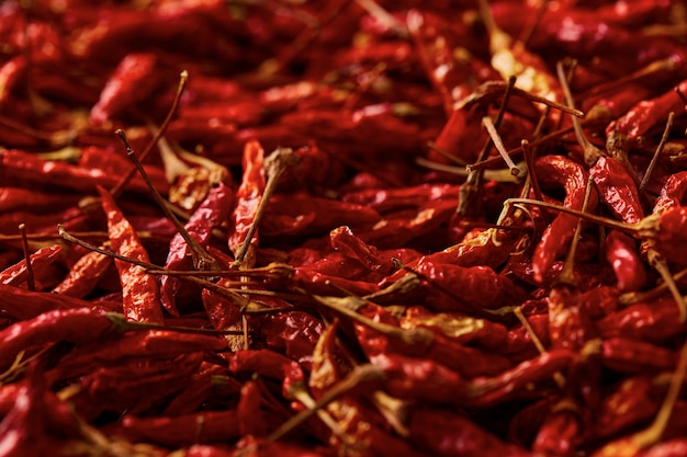 Cerca de fondo de textura de chile rojo seco seco, el chile rojo seco Karen es el chile tradicional de Asia (Prik Ka Reang)