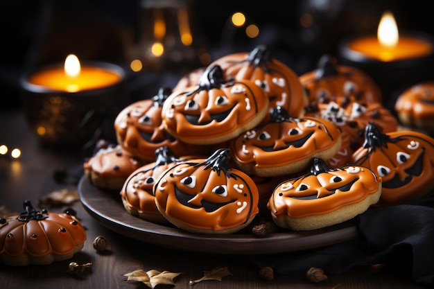 Cerca de galletas de calabaza de Halloween y una taza de bebida de chocolate caliente