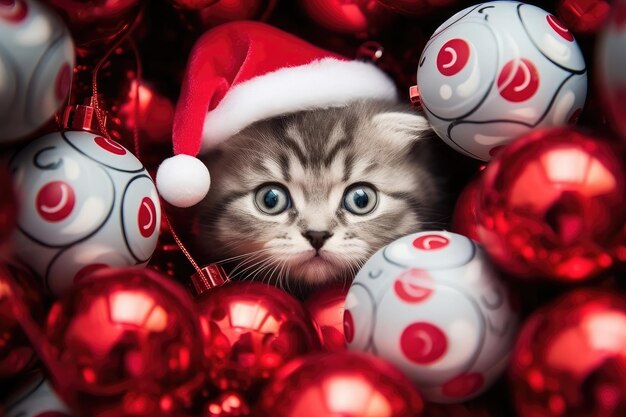 Cerca de un gatito lindo con un sombrero cálido de Santa Claus mirando a la cámara sentado rodeado