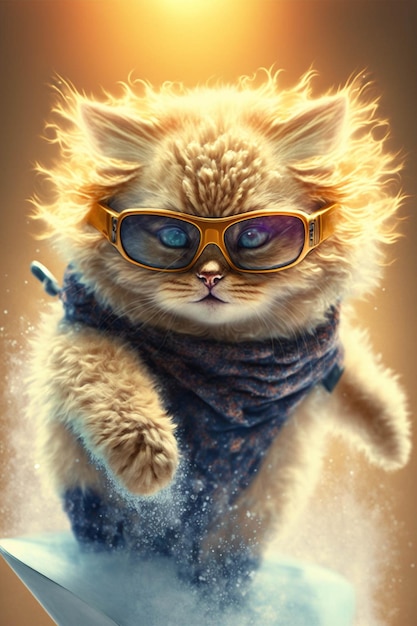 Cerca de un gato con gafas de sol en una tabla de surf generativa ai