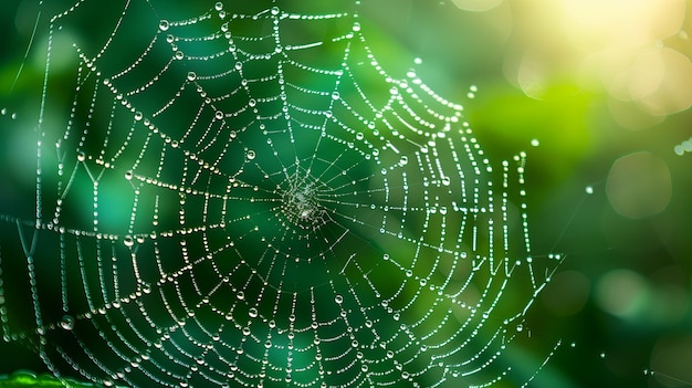 Cerca de las gotas de rocío en la red de araña en el fondo de las hojas verdes