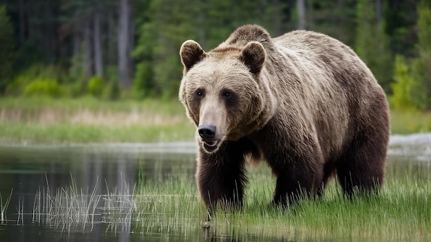 Cerca de un gran oso marrón salvaje cerca de un lago forestal