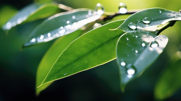 Cerca de grandes gotas de agua que caen de las hojas de los árboles mojados fondo de la naturaleza ai generativo