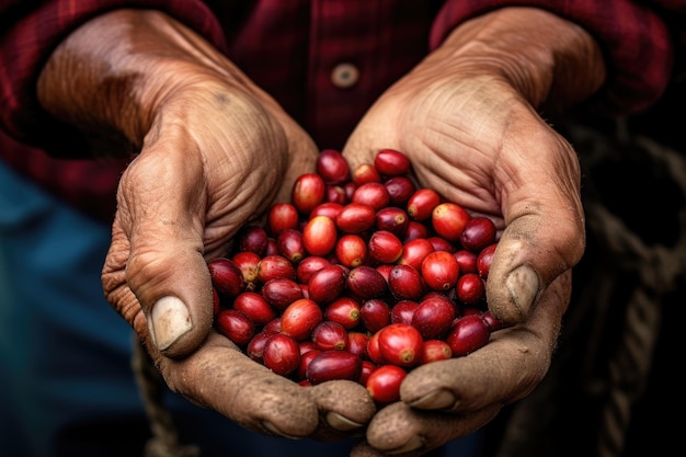 Cerca de granos de café rojos en manos de un agricultor