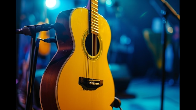 Cerca de la guitarra acústica amarilla en un soporte frente a un escenario establecido para un próximo Generative Ai