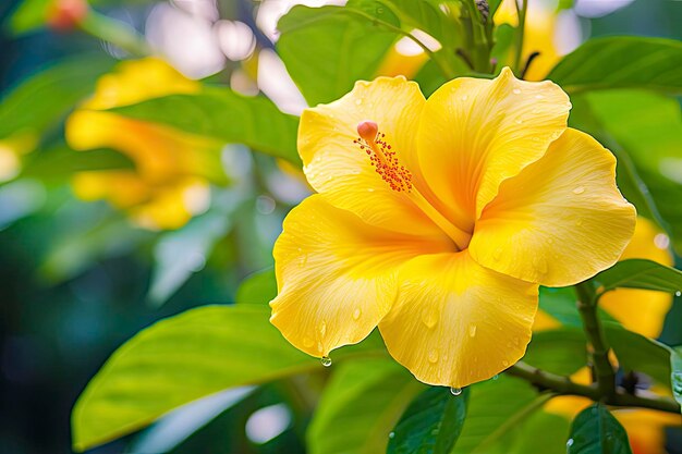 Cerca de la hermosa flor de hibisco amarillo