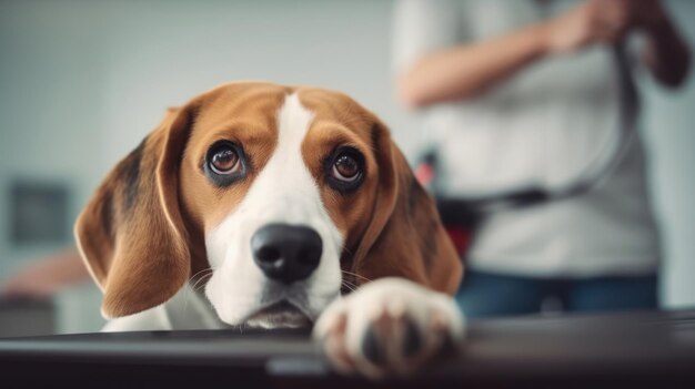 Cerca de un hermoso perro beagle en el veterinario