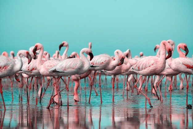 Cerca de hermosos flamencos africanos que están en aguas tranquilas con reflejo