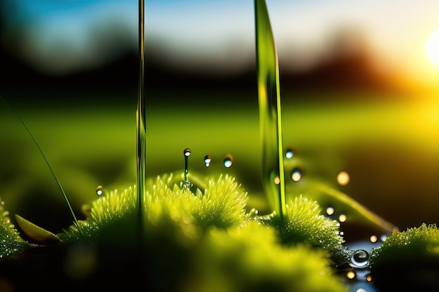 Cerca de hierba gruesa fresca con gotas de agua