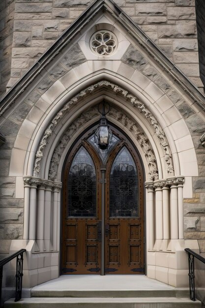 Cerca de hierro forjado en la puerta de madera de la iglesia genera ai