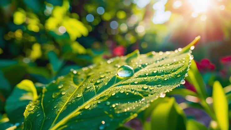 cerca de la hoja verde blanca gota de rocío en su superficie