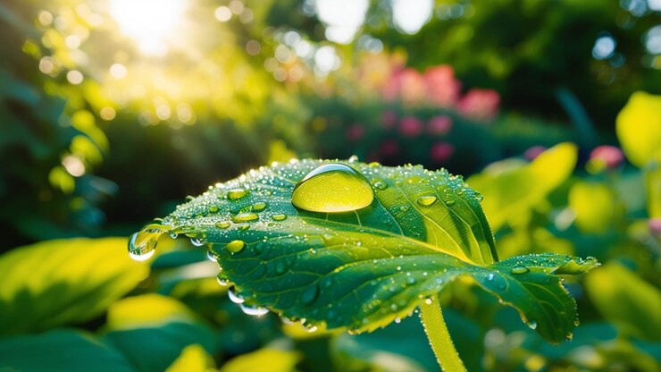 cerca de la hoja verde blanca gota de rocío en su superficie