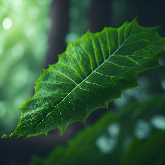 Cerca de una hoja verde con fondo borroso