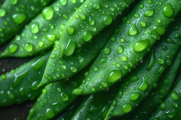 Cerca de la hoja verde con gotas de agua en el fondo