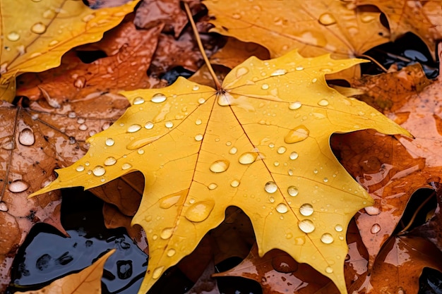 Cerca de hojas caídas en el suelo en otoño cubiertas de gotas de lluvia