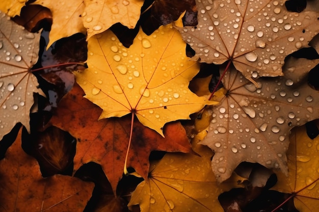 Cerca de hojas caídas en el suelo en otoño cubierto de gotas de lluvia