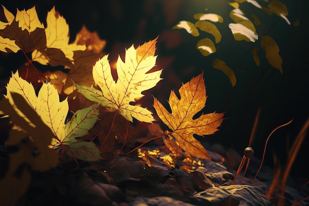 Cerca de hojas de otoño en un bosque en la temporada de otoño