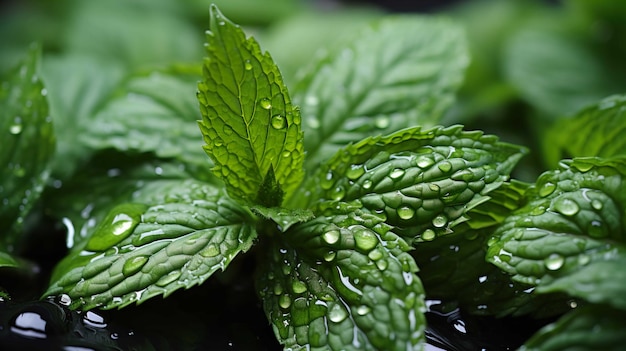 Cerca de las hojas verdes húmedas brillantes de menta estudio de luz de fondo blanco Generar IA