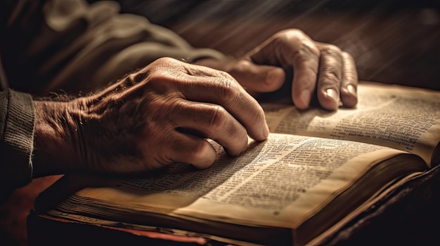 Cerca del hombre leyendo la Biblia