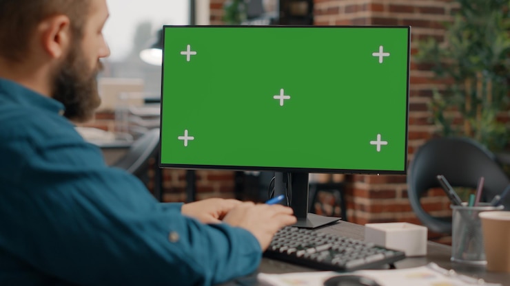 Foto cerca del hombre que trabaja en la pantalla verde horizontal en el escritorio para diseñar el proyecto empresarial y la presentación. empleado que usa clave de croma con plantilla de maqueta aislada en la pantalla de la computadora.