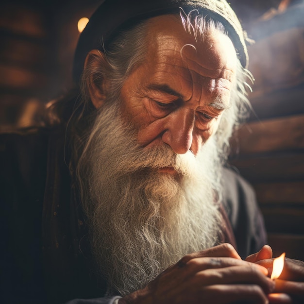 Cerca del hombre religioso mayor orando a Dios en el concepto religioso de la habitación