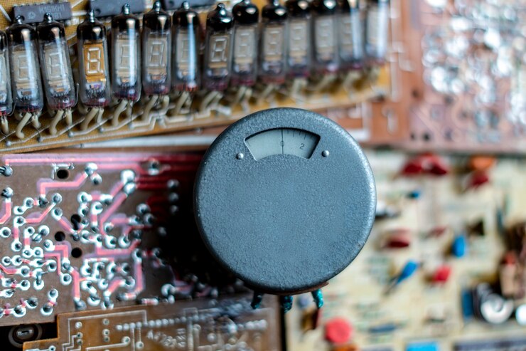 Foto cerca del indicador de placa de escala eléctrica antigua analógica d