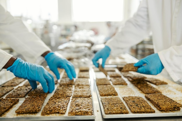 Cerca de los inspectores de control de calidad que recogen galletas frescas en una fábrica de alimentos