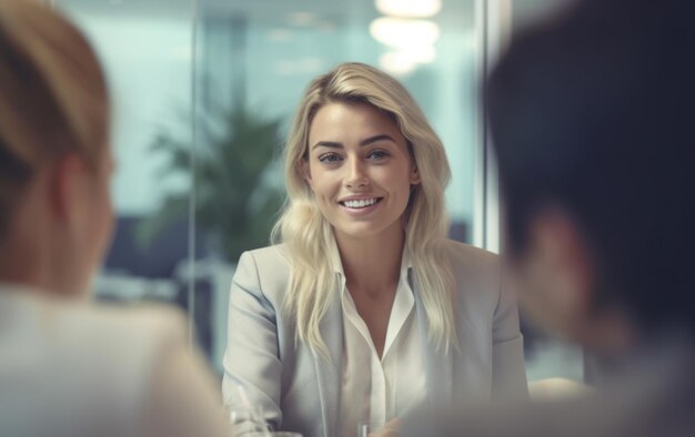 Cerca de una joven mujer de negocios dirigiendo una reunión